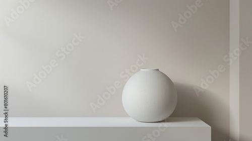 A white vase sits on a white shelf