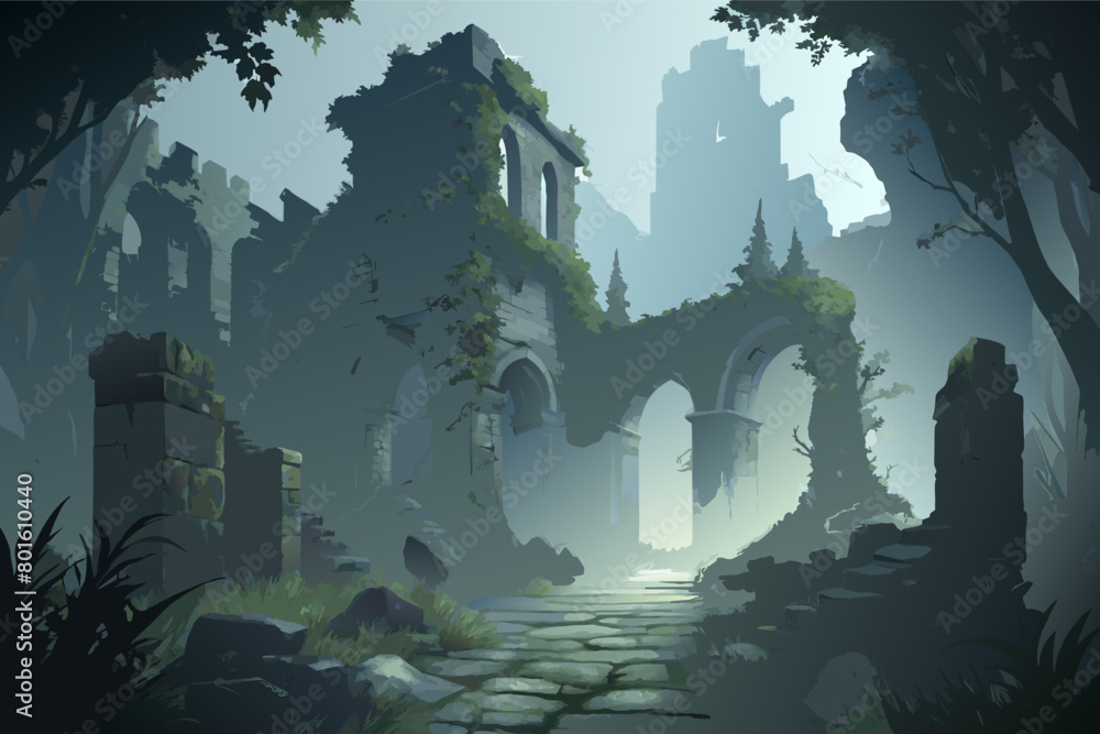 A mist-covered ruin with ivy-clad walls and crumbling archways, with shadows lurking in the fog and hinting at the secrets of the past