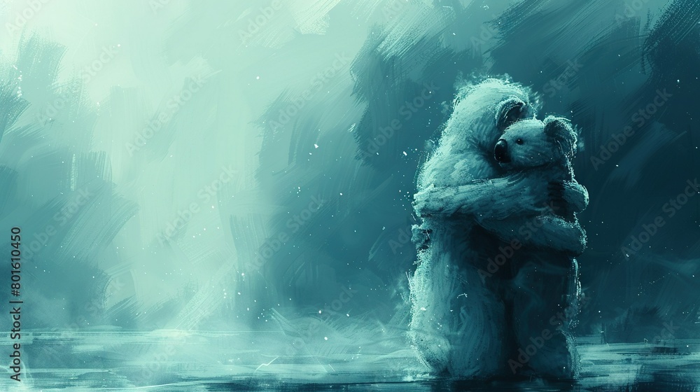 Fototapeta premium Bear hugging its face, surrounded by trees and water