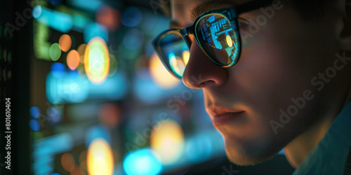 Software developer illuminated by the glow of multiple monitors, deep in focus, with lines of code reflected in their glasses.