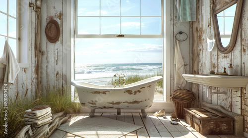 A coastal-inspired bathroom, driftwood mirrors, and a single clawfoot tub overlooking crashing waves.