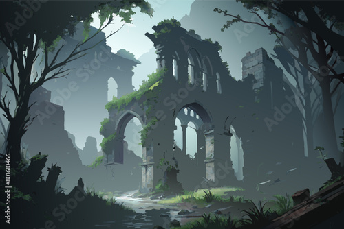 A mist-covered ruin with ivy-clad walls and crumbling archways, with shadows lurking in the fog and hinting at the secrets of the past