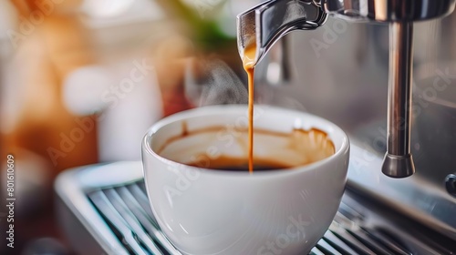 aromatic espresso pouring from modern coffee machine in trendy cafe closeup photo