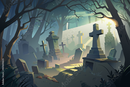 A mist-covered graveyard with ancient tombstones and weathered crosses, with shafts of sunlight breaking through the fog and illuminating the somber scene