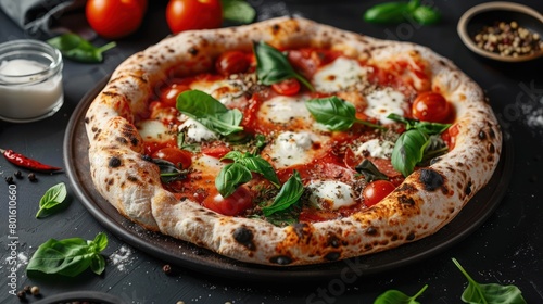 Tasty neapolitan pizza with mozzarella, tomatoes and spinach on dark background. AI generated