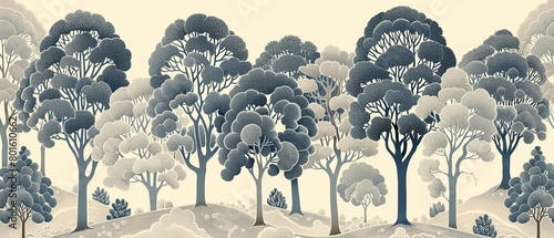 An artistic interpretation of trees in stunning blue and white tones, conveying a sense of peace and tranquility