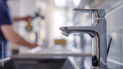 Close-up view  Against a backdrop of freshly painted walls  builders work meticulously to install sleek  modern bathroom fixtures that offer both form and function in modern  brigh