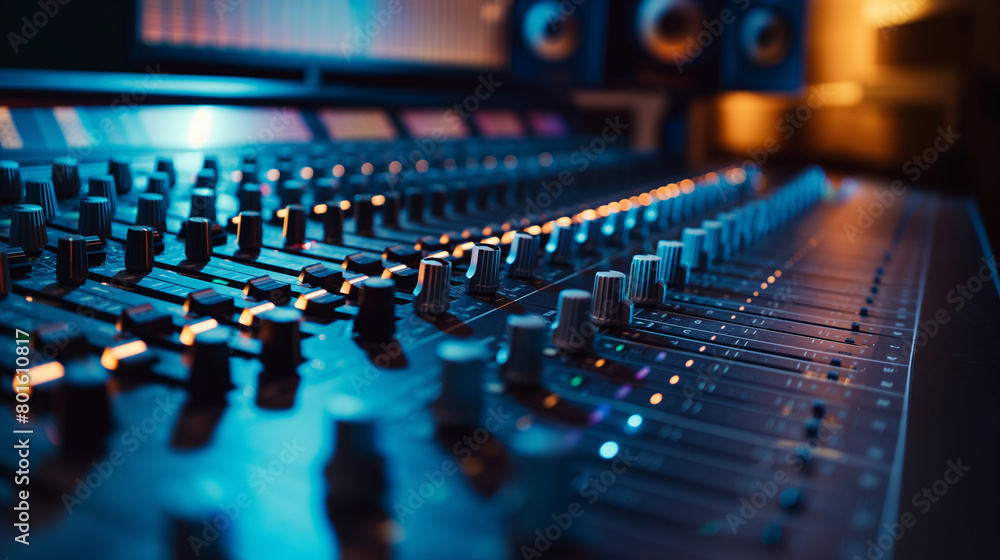 The sleek, polished surface of the mixing console gleams under the soft glow of studio lights, knobs and sliders arranged like a city skyline, inviting the touch of a meticulous so The sleek, polished surface of the mixing console gleams under the soft glow of studio lights, knobs and sliders arranged like a city skyline, inviting the touch of a meticulous so