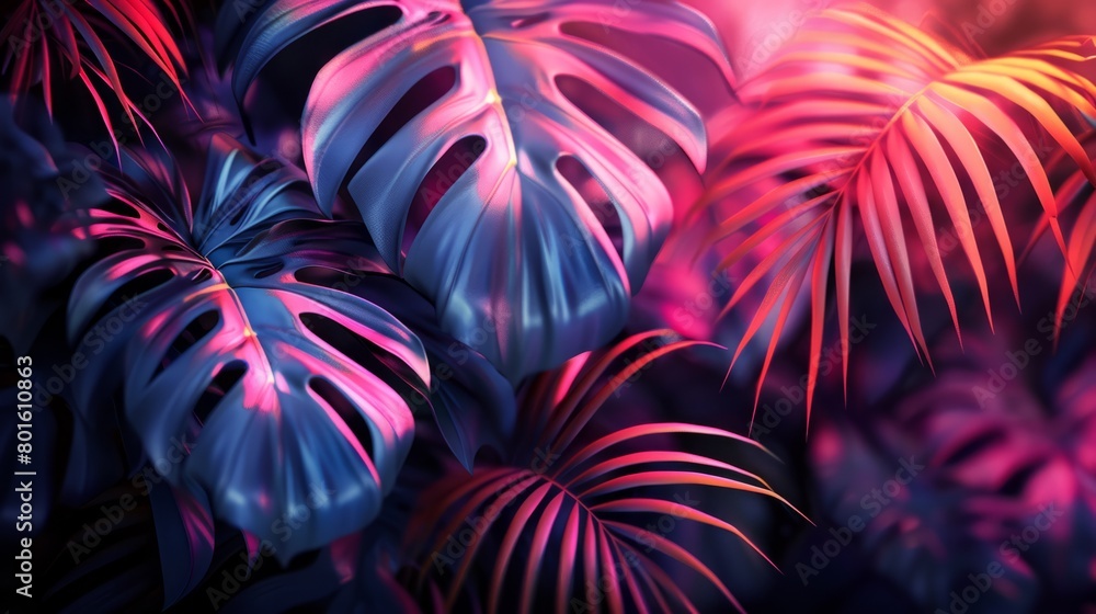  The backdrop features futuristic palm leaves in trendy colors, with a vivid, shiny shadows, and an inviting tropical summer atmosphere