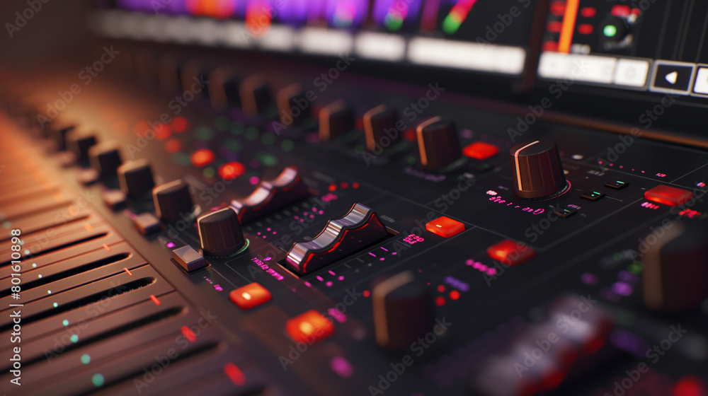 A close-up shot captures the dynamic range of the mixing console's controls, from the subtle nuances of EQ adjustments to the dramatic sweeps of the master fader, as a producer nav A close-up shot captures the dynamic range of the mixing console's controls, from the subtle nuances of EQ adjustments to the dramatic sweeps of the master fader, as a producer nav