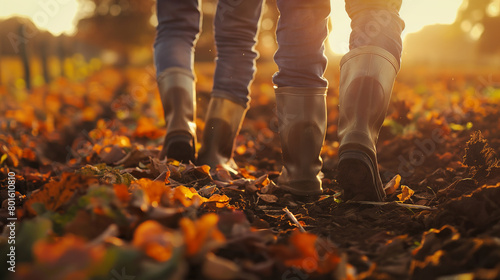 Amidst a field ablaze with the vibrant hues of autumn, two farmers stroll leisurely, their boots crunching on fallen leaves, engaged in a lively discussion about crop rotation and photo