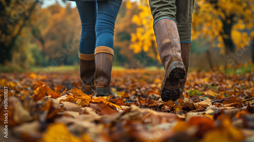 Amidst a field ablaze with the vibrant hues of autumn, two farmers stroll leisurely, their boots crunching on fallen leaves, engaged in a lively discussion about crop rotation and