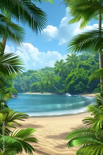 A tropical beach with palm trees and a blue ocean  AI