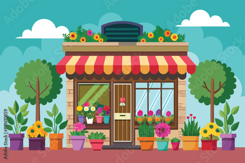 Charming Flower Shop Front with Potted Plants and Trees