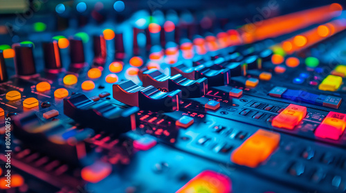 The close-up reveals the elegant symmetry of the mixing console's layout, illuminated by the soft glow of LED indicators, a testament to the marriage of artistry and technology in