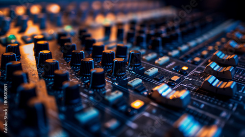 The sleek, polished surface of the mixing console gleams under the soft glow of studio lights, knobs and sliders arranged like a city skyline, inviting the touch of a meticulous so