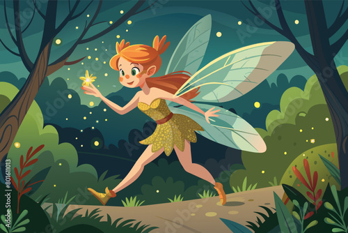 A mischievous fairy with delicate wings and sparkling dust, flitting through the trees and spreading magic wherever she goes