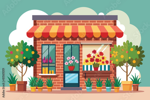 Charming flower shop exterior with potted plants and colorful striped awning illustration