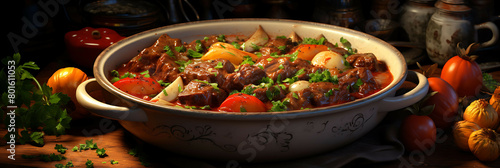 A savory and comforting bowl of beef stew with tender meat and fresh vegetables.