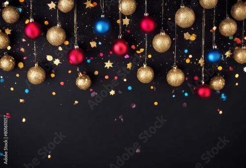 'Hanging Banner Glitter Balls Black confetti Background Shiny Christmas gold yellow party glistering ball sparkle decoration new year light celebration border s'