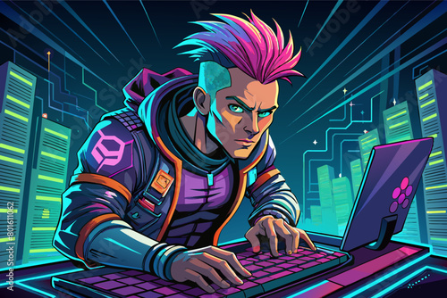 A mischievous cyberpunk hacker with a neon-lit mohawk and glowing code tattoos, typing furiously on a holographic keyboard.