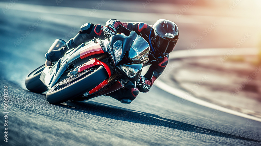 Fototapeta premium Racing against the clock, the motorcyclist leans into the curve, their body a study in focus and determination as they push themselves to the edge of possibility, the adrenaline-fu