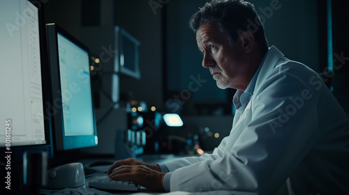With the glow of the computer screen casting a soft light on their features, the doctor in a white coat sits at their workstation, their brow furrowed in concentration as they revi