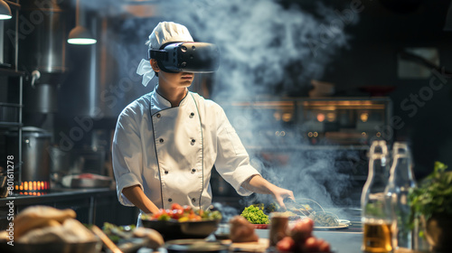 Immersed in a virtual culinary world, the cook stands at their station, VR glasses transporting them to a realm of endless possibilities as they experiment with flavors and techniq