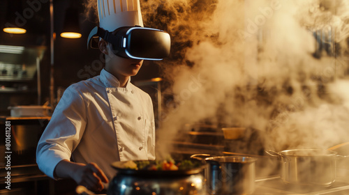 Immersed in a virtual culinary world, the cook stands at their station, VR glasses transporting them to a realm of endless possibilities as they experiment with flavors and techniq photo
