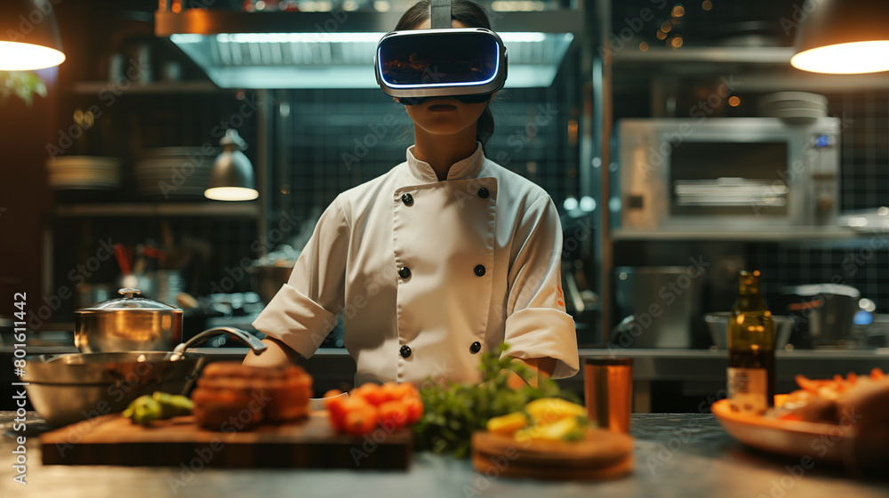 Donning VR glasses, the cook moves with confidence and purpose in the kitchen, their movements guided by a virtual chef mentor as they hone their skills and elevate their craft, th Donning VR glasses, the cook moves with confidence and purpose in the kitchen, their movements guided by a virtual chef mentor as they hone their skills and elevate their craft, th