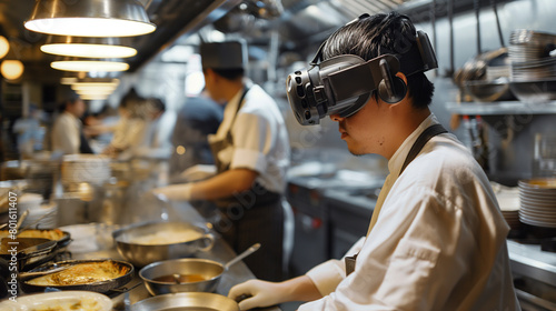 Amidst the controlled chaos of the restaurant kitchen  the cook wears VR glasses  their world transformed as they explore new flavors and techniques  their passion for cooking driv