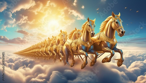 the golden decorative beautiful chariot with live withe ten running horses in one lines in the sky on clouds; Sun placed in the chariot with more grow; front view; hiperimagin 2d digital illustration