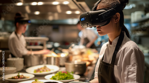 Amidst the controlled chaos of the restaurant kitchen  the cook wears VR glasses  their world transformed as they explore new flavors and techniques  their passion for cooking driv
