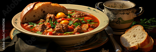 A savory and satisfying bowl of beef and vegetable soup with crusty bread.
