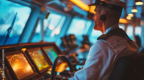 blurred image of a cruise ship captain navigating in the control room maritime industry concept