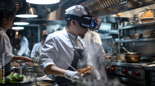 In the bustling restaurant kitchen  the cook wears VR glasses  their vision augmented by technology as they explore new recipes and cooking techniques  their dedication to their cr
