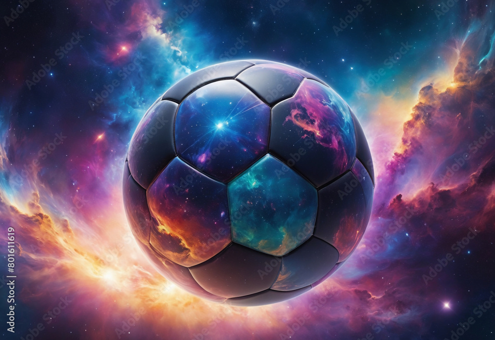 Soccer ball or football floating on galaxy