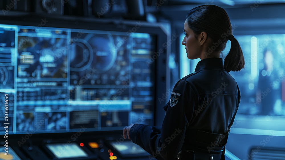Amidst the high-tech surroundings of the command center, the young woman in uniform stands at the interactive whiteboard, her posture erect and focused as she delivers orders and c