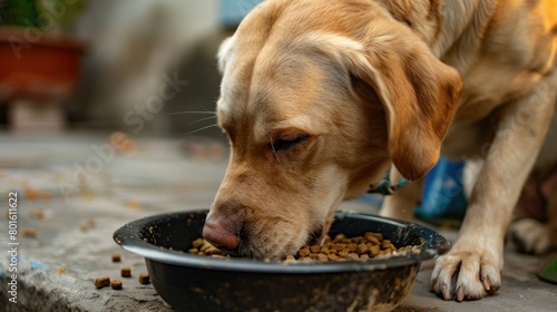 Portrait a hungry labrador retriever dog eat feeding in bowl at home. AI generated image