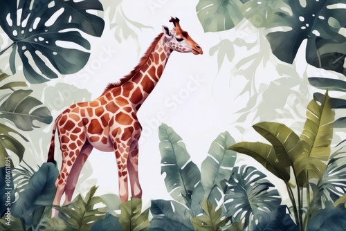 'illustration giraffe baby exotic print summer watercolor poster cartoon a jungle giraffetropical animal nature tropical background design wild fashion floral plant leaf white textile wallpaper palm'