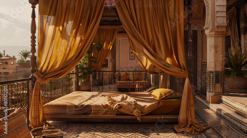 A Moroccan riad rooftop, mosaic tiles, and a single daybed under a billowing canopy, overlooking bustling markets. © Adnan Haider