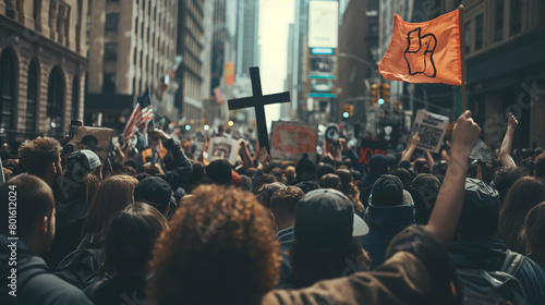 Amidst the urban chaos, young people with right-wing views gather to rally for their Christian beliefs, their banners held high as they proclaim their faith to the world, the city photo
