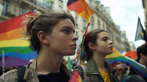 Against the backdrop of city buildings, young people from the LGBT movement and right-wing Christian protesters gather in opposing camps, their banners and slogans representing con