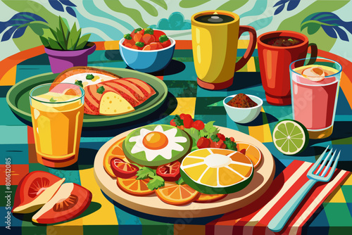 A Mexican-inspired breakfast table set with huevos rancheros, chilaquiles, and freshly squeezed agua fresca, celebrating the bold flavors of Mexican cuisine