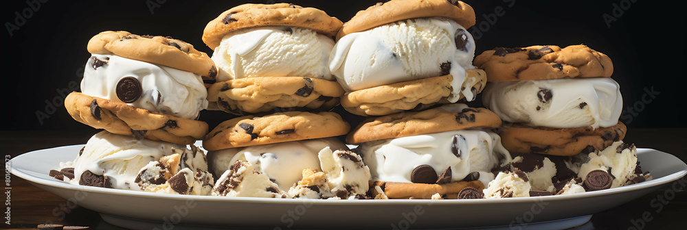 A sweet and indulgent plate of ice cream sandwiches with chocolate chip cookies and vanilla ice cream.