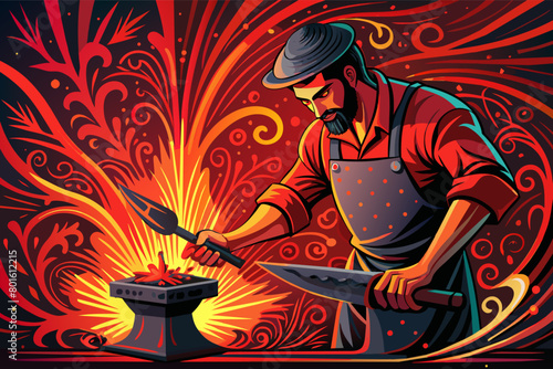 A mesmerizing shot of a blacksmith forging red-hot metal into a beautifully intricate piece of decorative ironwork, sparks flying in all directions