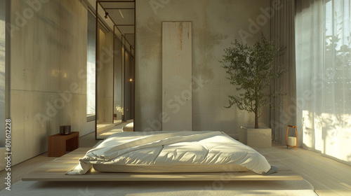 A serene bedroom with a minimalist platform bed and a large, floor-length mirror reflecting natural light.