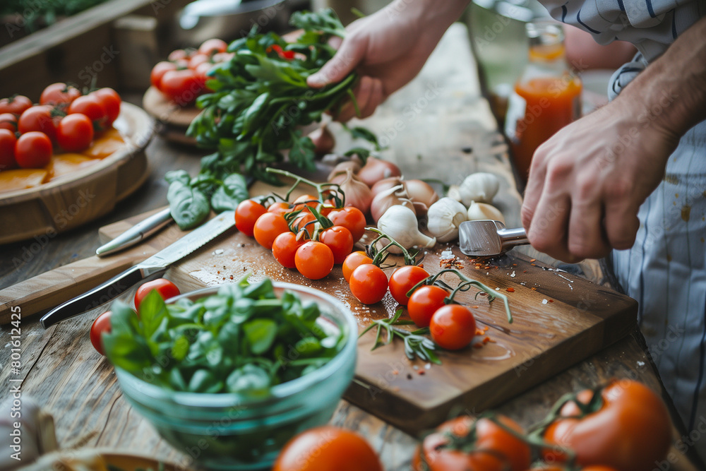 Process of preparing a healthy and balanced meal, from selecting fresh ingredients to cooking and plating, emphasizing the importance of mindful eating.