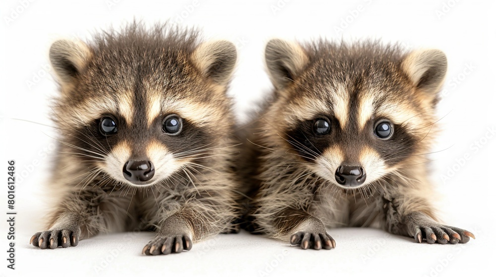   Two raccoons perched together on a white platform