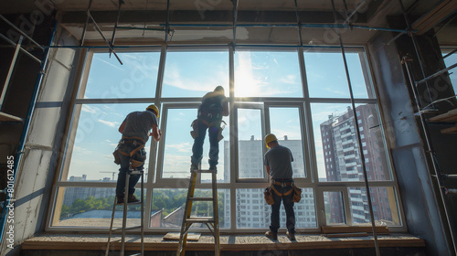 Close-up view: Against a backdrop of freshly painted walls, builders meticulously renovate modern, bright apartments, their hands deftly installing sleek, energy-efficient windows